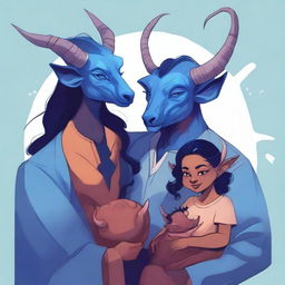 A high-quality digital art representation of a modern family of three blue tieflings, including a father, mother, and baby girl