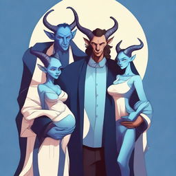 A high-quality digital art representation of a modern family of three blue tieflings, including a father, mother, and baby girl