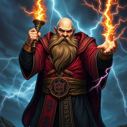 A bald, thick-bearded dwarven sorcerer standing heroically, holding an open tome electrified in one hand, while his other hand is outstretched, projecting vivid bolts of lightning