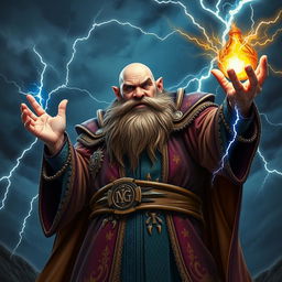 A bald, thick-bearded dwarven sorcerer standing heroically, holding an open tome electrified in one hand, while his other hand is outstretched, projecting vivid bolts of lightning