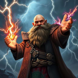 A bald, thick-bearded dwarven sorcerer standing heroically, holding an open tome electrified in one hand, while his other hand is outstretched, projecting vivid bolts of lightning