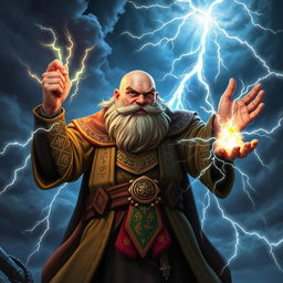 A bald, thick-bearded dwarven sorcerer standing heroically, holding an open tome electrified in one hand, while his other hand is outstretched, projecting vivid bolts of lightning