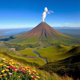 A majestic volcano towering in a vast landscape, surrounded by lush green hills and a clear blue sky