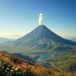 A majestic volcano towering in a vast landscape, surrounded by lush green hills and a clear blue sky