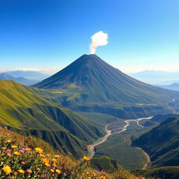 A majestic volcano towering in a vast landscape, surrounded by lush green hills and a clear blue sky