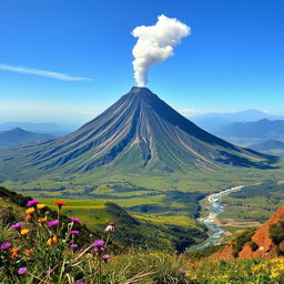 A majestic volcano towering in a vast landscape, surrounded by lush green hills and a clear blue sky