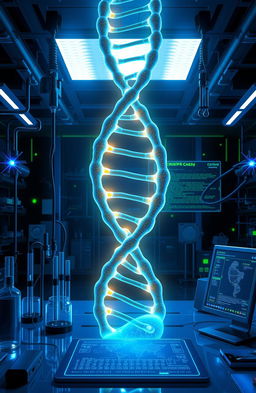 An artistic depiction of the CRISPR-Cas9 gene editing technology illustrated as a futuristic laboratory scene