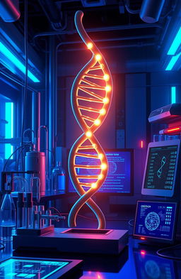 An artistic depiction of the CRISPR-Cas9 gene editing technology illustrated as a futuristic laboratory scene