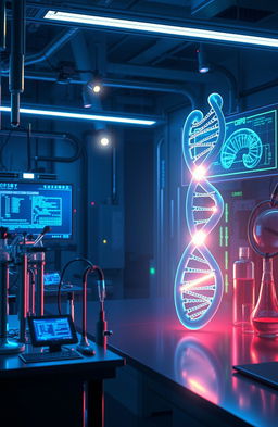 An artistic depiction of the CRISPR-Cas9 gene editing technology illustrated as a futuristic laboratory scene