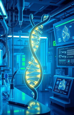 An artistic depiction of the CRISPR-Cas9 gene editing technology illustrated as a futuristic laboratory scene