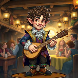 A male halfling bard with fancy, ornate clothing, featuring vibrant colors and intricate patterns