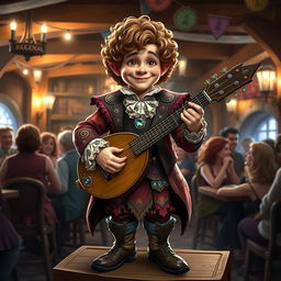 A male halfling bard with fancy, ornate clothing, featuring vibrant colors and intricate patterns