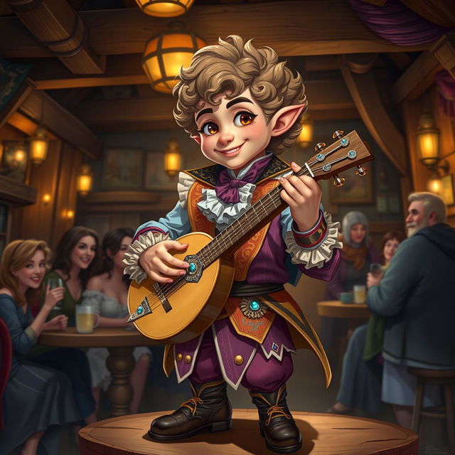 A male halfling bard with fancy, ornate clothing, featuring vibrant colors and intricate patterns