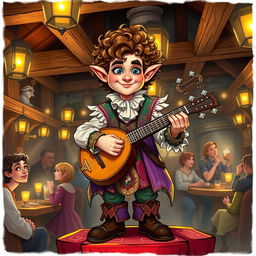A male halfling bard with fancy, ornate clothing, featuring vibrant colors and intricate patterns