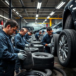 A group of skilled automotive workers, referred to as 'عمال allopneux', busy repairing and servicing car wheels