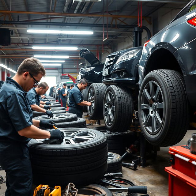 A group of skilled automotive workers, referred to as 'عمال allopneux', busy repairing and servicing car wheels