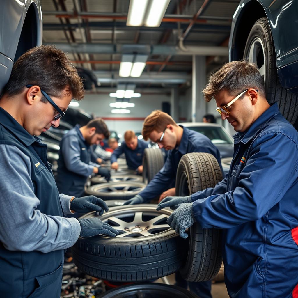 A group of skilled automotive workers, referred to as 'عمال allopneux', busy repairing and servicing car wheels