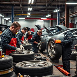 A group of skilled automotive workers, referred to as 'عمال allopneux', busy repairing and servicing car wheels