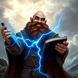 A smiling dwarven sorcerer, bald with a chestnut thick braided beard, proudly holding an open magic tome in one hand
