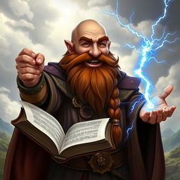 A smiling dwarven sorcerer, bald with a chestnut thick braided beard, proudly holding an open magic tome in one hand