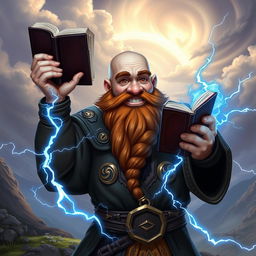 A smiling dwarven sorcerer, bald with a chestnut thick braided beard, proudly holding an open magic tome in one hand