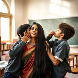 An Indian lady teacher with long, sleek black hair, wearing traditional Indian attire, is caught in an intimate moment in a classroom