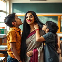 An Indian lady teacher with long, sleek black hair, wearing traditional Indian attire, is caught in an intimate moment in a classroom