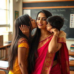 An Indian lady teacher with long, sleek black hair, wearing traditional Indian attire, is caught in an intimate moment in a classroom