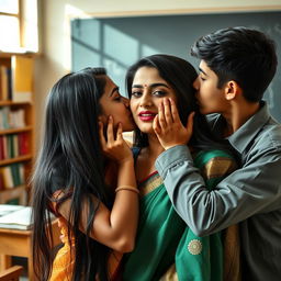 An Indian lady teacher with long, sleek black hair, wearing traditional Indian attire, is caught in an intimate moment in a classroom