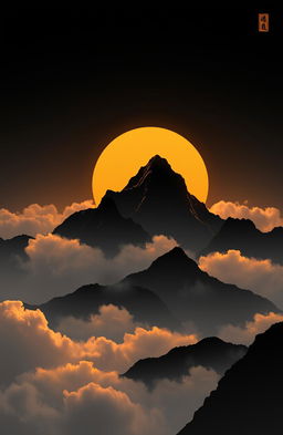 A serene modern interpretation of a Chinese mountain landscape during sunset, elegantly showcasing the mountain silhouette against a backdrop of clouds