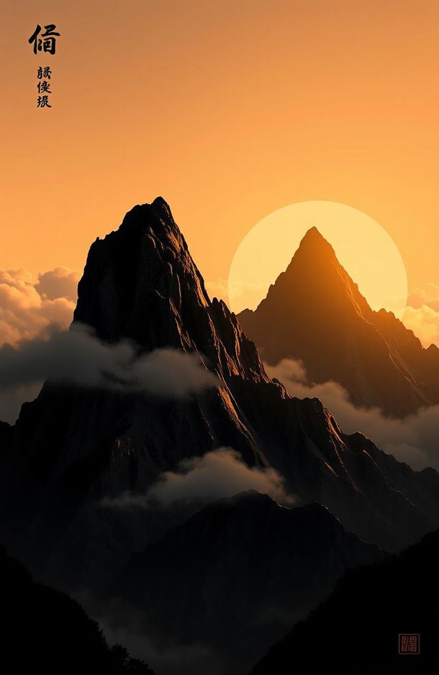 A serene modern interpretation of a Chinese mountain landscape during sunset, elegantly showcasing the mountain silhouette against a backdrop of clouds