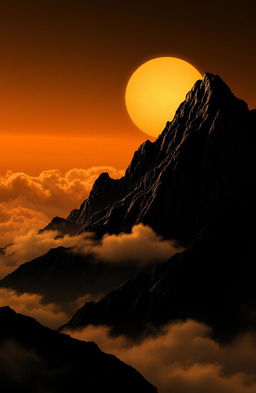 A serene modern interpretation of a Chinese mountain landscape during sunset, elegantly showcasing the mountain silhouette against a backdrop of clouds