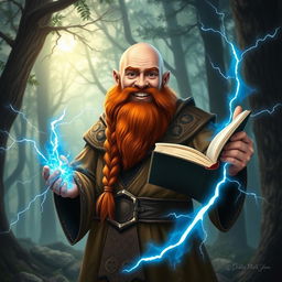 A happy dwarven sorcerer, fully bald with a thick, chestnut braided beard, standing confidently while holding an open magic tome in one hand