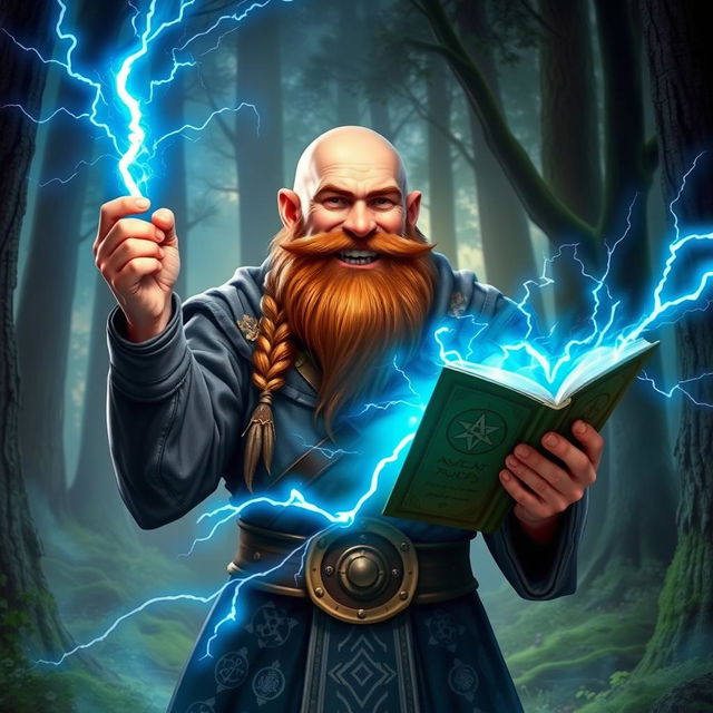 A happy dwarven sorcerer, fully bald with a thick, chestnut braided beard, standing confidently while holding an open magic tome in one hand