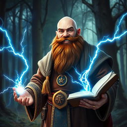 A happy dwarven sorcerer, fully bald with a thick, chestnut braided beard, standing confidently while holding an open magic tome in one hand