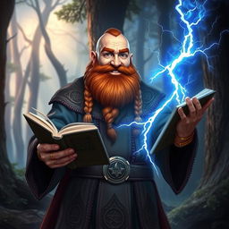 A happy dwarven sorcerer, fully bald with a thick, chestnut braided beard, standing confidently while holding an open magic tome in one hand