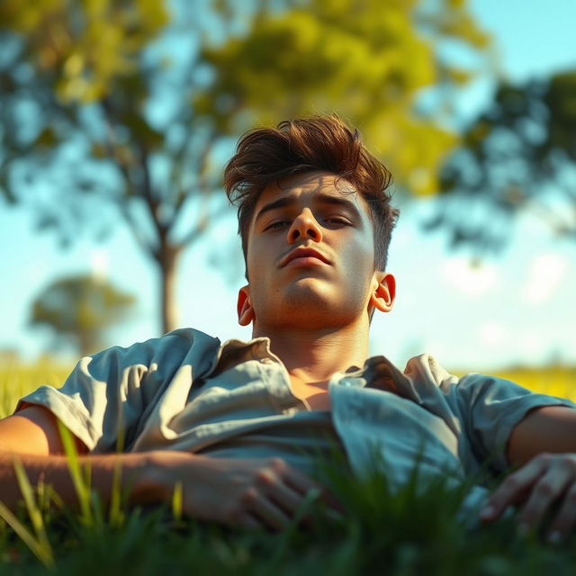 The image depicts a young male figure lying on a grassy field under the warm sunlight, his body slumped and clearly exhausted after a long day of activities