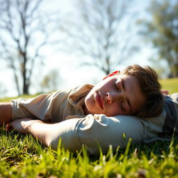 The image depicts a young male figure lying on a grassy field under the warm sunlight, his body slumped and clearly exhausted after a long day of activities