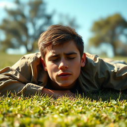 The image depicts a young male figure lying on a grassy field under the warm sunlight, his body slumped and clearly exhausted after a long day of activities