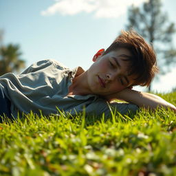 The image depicts a young male figure lying on a grassy field under the warm sunlight, his body slumped and clearly exhausted after a long day of activities