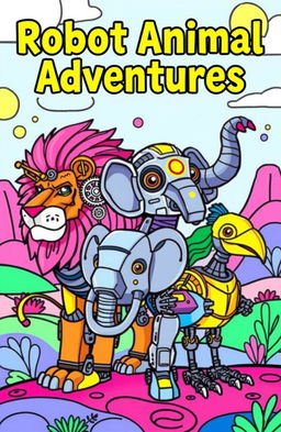 A vibrant and imaginative coloring book cover featuring a variety of robot animals, including a robotic lion, a metallic elephant, and a futuristic bird