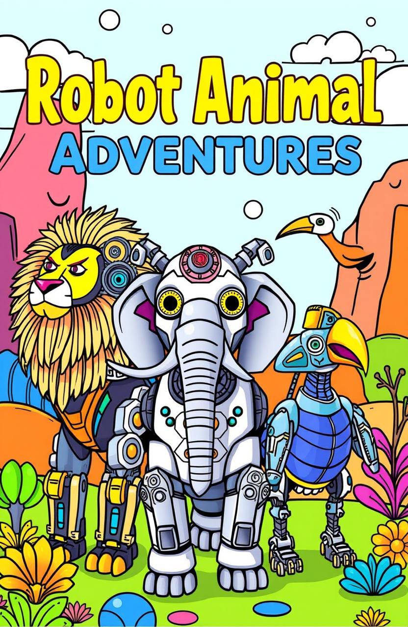 A vibrant and imaginative coloring book cover featuring a variety of robot animals, including a robotic lion, a metallic elephant, and a futuristic bird