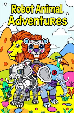 A vibrant and imaginative coloring book cover featuring a variety of robot animals, including a robotic lion, a metallic elephant, and a futuristic bird