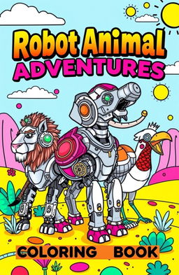 A vibrant and imaginative coloring book cover featuring a variety of robot animals, including a robotic lion, a metallic elephant, and a futuristic bird