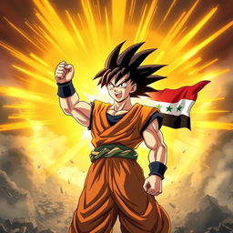 An epic scene featuring Goku emerging triumphantly from a battlefield, radiating a powerful golden aura signifying his strength and determination