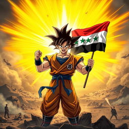 An epic scene featuring Goku emerging triumphantly from a battlefield, radiating a powerful golden aura signifying his strength and determination