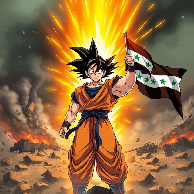 An epic scene featuring Goku emerging triumphantly from a battlefield, radiating a powerful golden aura signifying his strength and determination