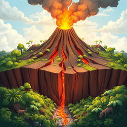 An animated illustration of a volcano forming through cracks in the earth's crust, surrounded by lush green vegetation