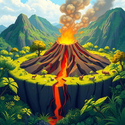 An animated illustration of a volcano forming through cracks in the earth's crust, surrounded by lush green vegetation
