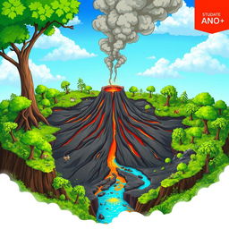 An animated illustration of a volcano forming through cracks in the earth's crust, surrounded by lush green vegetation